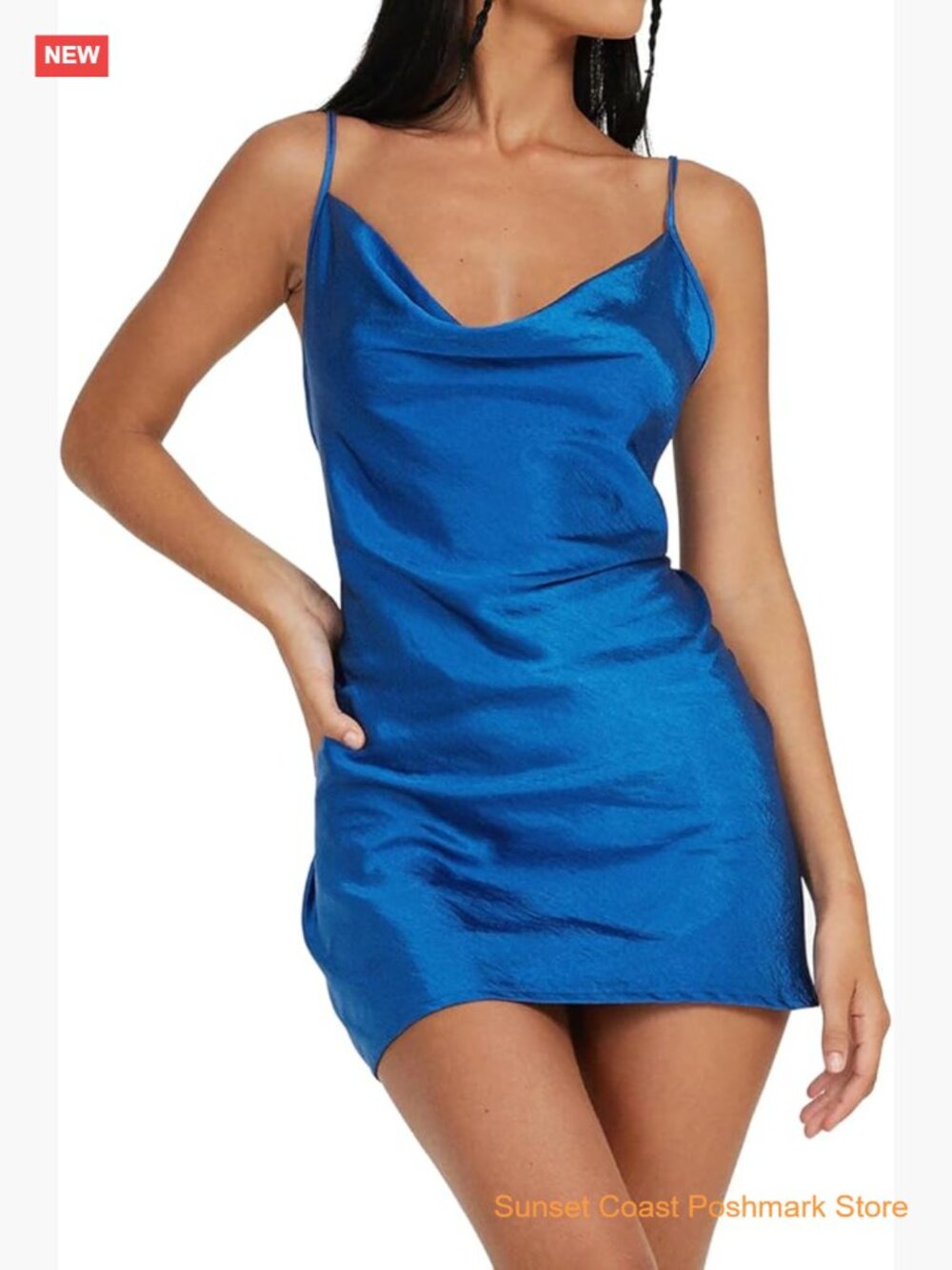 Spaghetti Strap Mini Satin Silk Cowl Neck Side Slit Cami Cocktail Dress